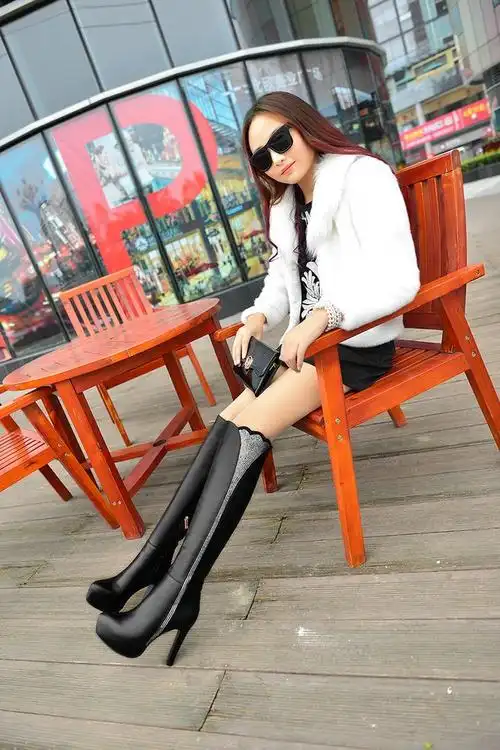 【欧美圆头牛皮内防水台 水钻高跟细跟长靴】-鞋子-女鞋_服饰鞋包