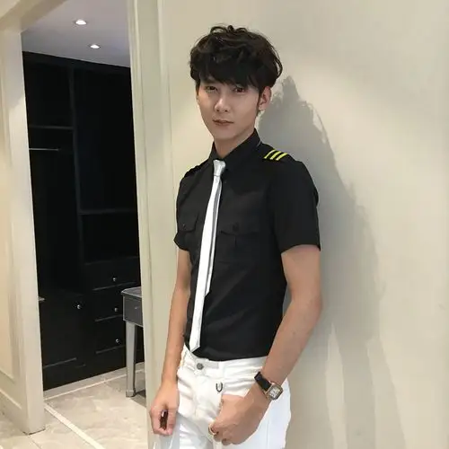 空少制服发型师型男夜店短袖衬衫男 ktv酒吧少爷dj演出衬衣工作服