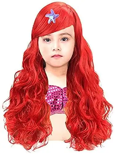 美人鱼假发带海星夹子公主服装红色长卷发适合小女孩圣诞节万圣节派对