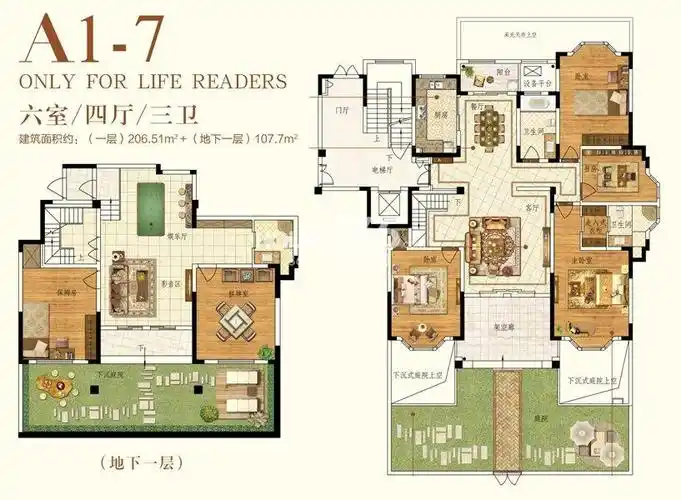 户型图 a1-7低密度多层户型 六室四厅三卫 建筑面积约(一层)206.