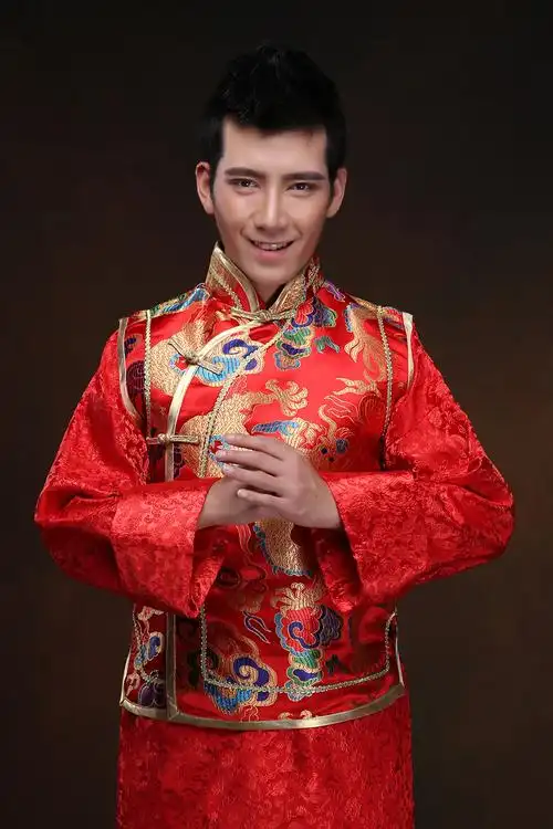 中式婚礼红色新郎长袖秀禾服男士唐装 结婚礼服敬酒服古装 - 服装批发