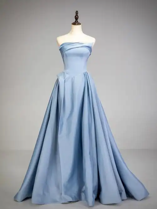 典雅雾兰高端灰缎面抹胸长款晚礼服