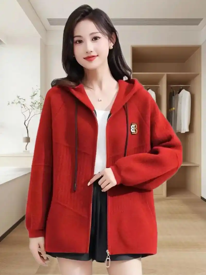 秋冬新款羊毛呢连帽外套女士宽松韩版毛衣针织开衫拉链休闲上衣女