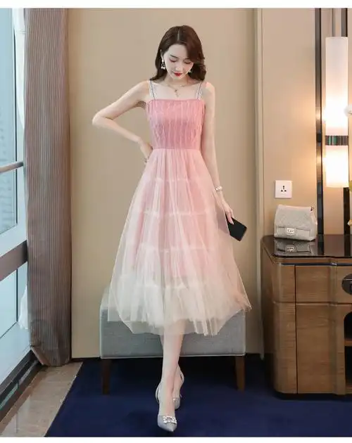 丝柏舍夏装女2019无袖中长款网纱吊带纯色连衣裙s92b0459l