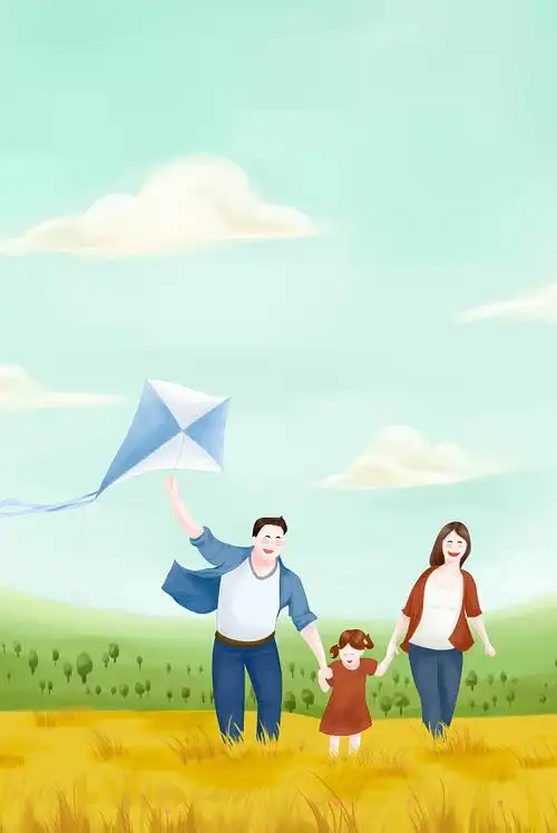 春天立春时节父母带着孩子一起去野外放风筝手绘插画