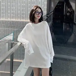 中长款t恤女长袖ins白色宽松上衣2022新款秋装内搭打底衫大白体恤