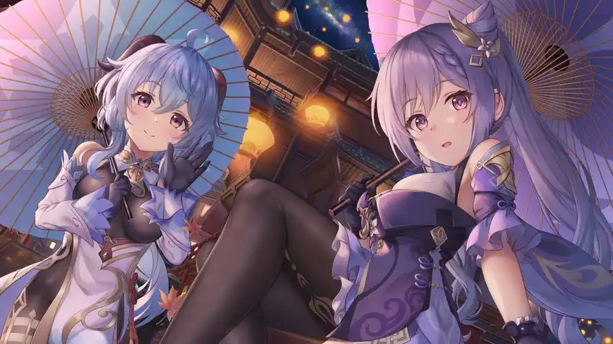 原神 刻晴 甘雨 女孩子伞 裤袜 黑裤袜 壁纸高清大图预览1920x1080