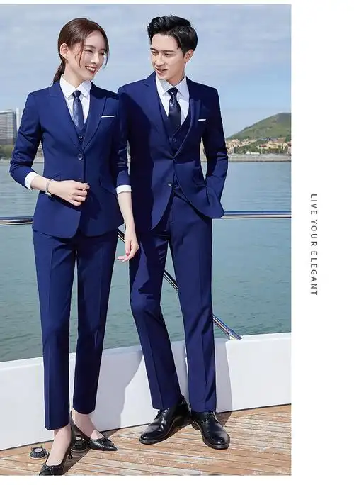 纽丰宝蓝色西服套装男职业正装新郎结婚礼服教师面试服装男女同款房