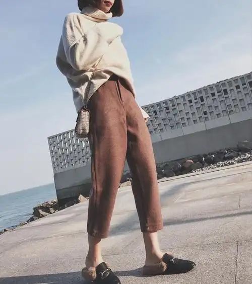 羊毛呢料萝卜女冬毛呢2017新款韩版宽松显瘦休闲裤九分裤