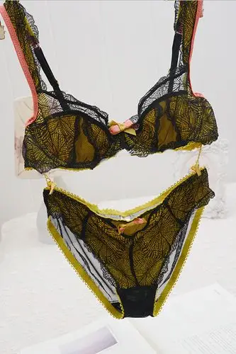 9143 原单性感蕾丝薄款文胸全透明网纱小胸 深v聚拢女士内衣套装