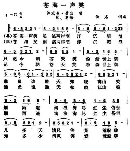 沧海一声笑(电视剧《笑傲江湖》主题曲) - 简谱 - 歌谱简谱大全