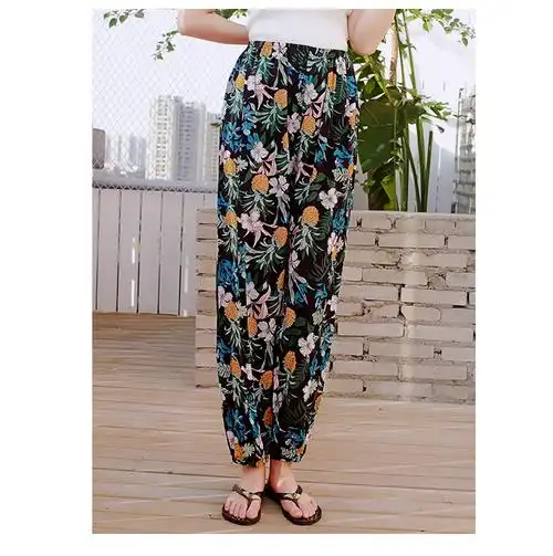 棉灯笼裤女纯棉绸睡裤印花宽松长裤绵绸薄裤子大码家居裤ck女rzm层叠