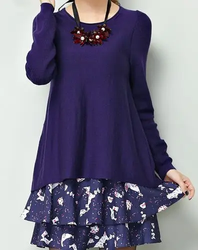 深紫蓝色淑女休闲两件套长袖连衣裙