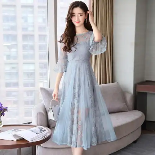 ljy-sh8908夏季韩版中长款气质修身纯色圆领裙子 - 唐织绾女装店