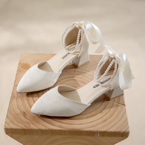 的鞋子配旗袍单鞋高跟鞋女夏季新款珍珠一字扣晚礼服 米白色5厘米 34