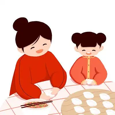 卡通新年春节一家人人物包饺子元素png素材妇女正在包饺子彩色手绘