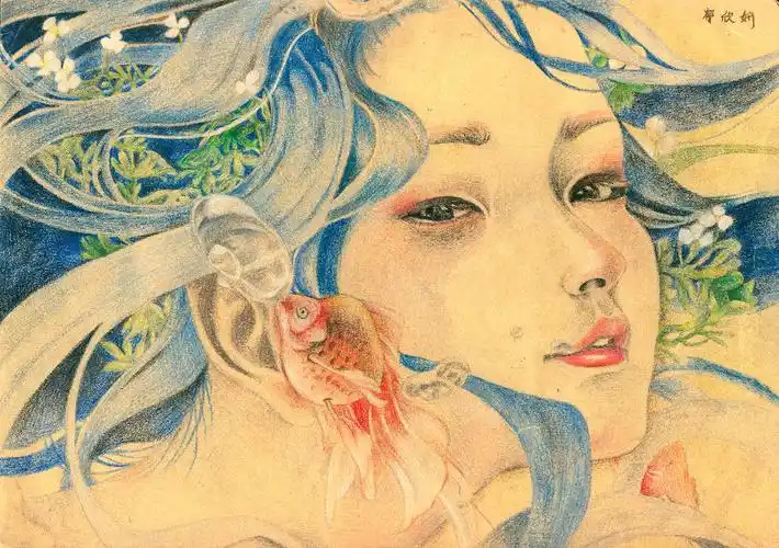 彩铅画《金鱼与少女》    郁欣妍 12岁 (市区小学六年级)
