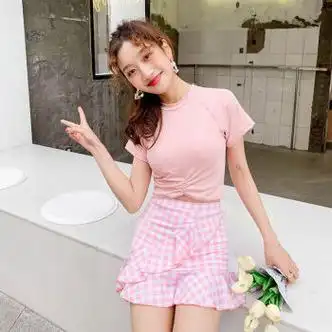 桑琴游泳衣女分体裙式平角学生学校游泳课保守显瘦温泉少女装甜美可爱