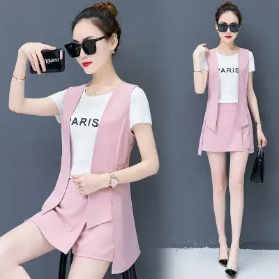 一件代发批发时尚雪纺套装女装气质短裤裙修身显瘦夏天三件套