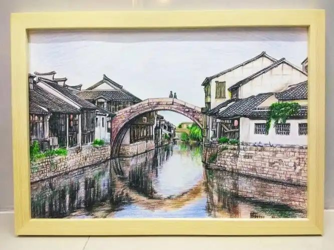 动漫人物,水乡古镇,彩铅画