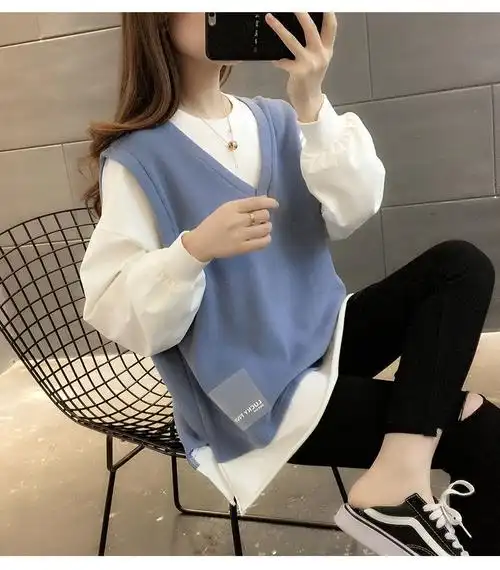 假两件卫衣女装拼接初秋薄款新款2021长袖韩版宽松开叉套头棉上衣