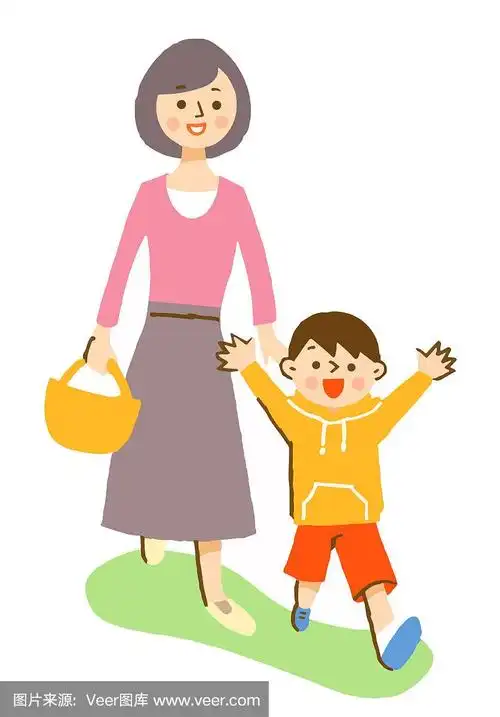 妈妈和小男孩面带微笑地走着