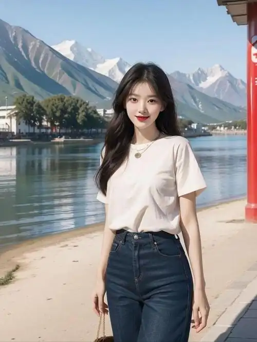 美女湖光山色中的清新少女浅t牛仔裤站成一幅画