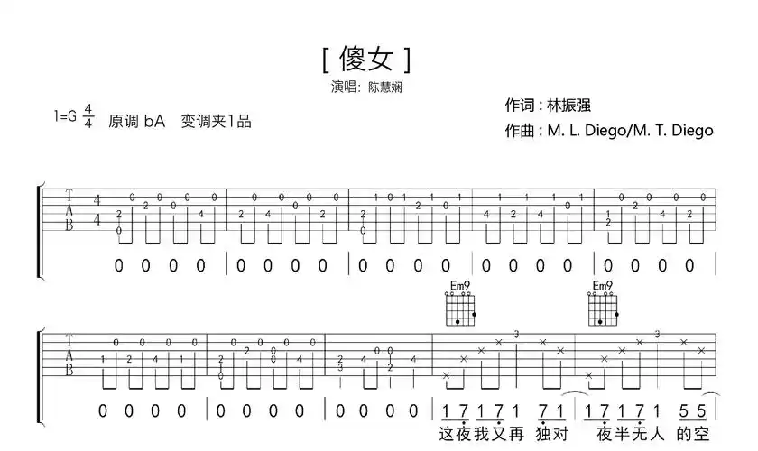 《傻女》吉他简单歌曲六线谱 - 陈慧娴国语歌曲吉他谱 - 吉他简谱