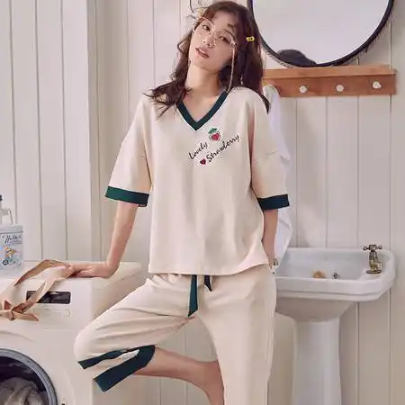 睡衣女士夏季纯棉薄款短袖七分裤可爱家居服两件套春秋夏天