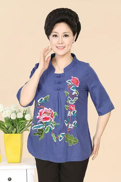 2014春夏装新款中老年女装 宽松大码妈妈装民族风棉麻七分袖t恤图片_9