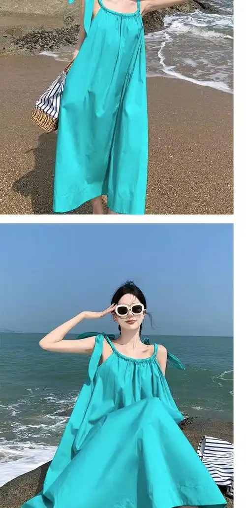 法式湖蓝色挂脖吊带连衣裙子女夏气质高级感三亚海边度假沙滩长裙