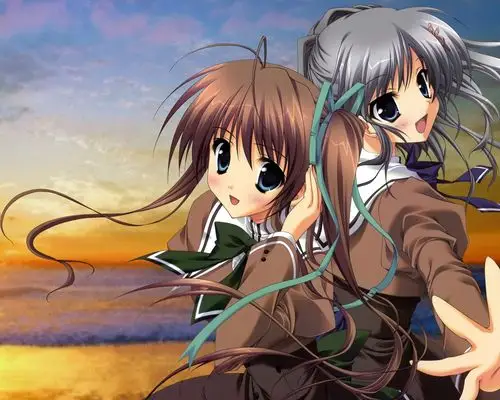 两个动漫女孩,微笑,日落