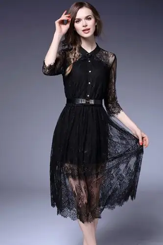 欧洲站2016春夏新款欧美女装 立领珍珠扣大摆蕾丝连衣裙60060 白色 xl