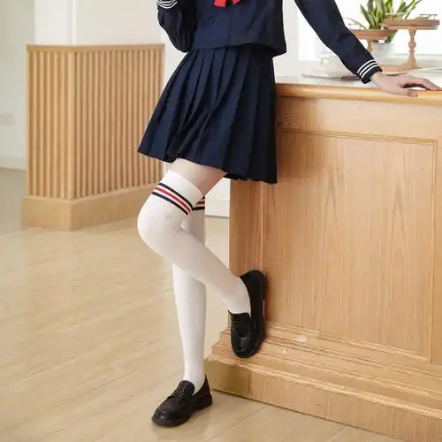 日系学生学院风大腿袜春秋款高筒三杠白过膝袜jk过膝盖长筒袜子女