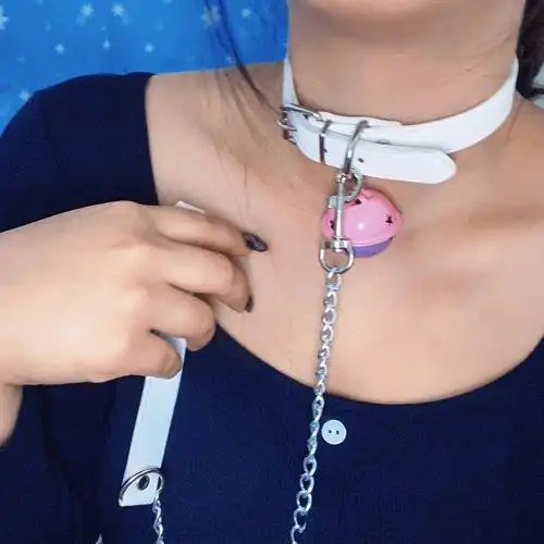 铃铛项圈颈链锁骨链饰品pu牵引绳脖环朋克铁链暗黑色cos合金项链