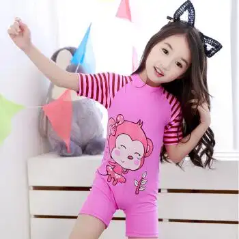 童连体泳裤可爱动画宝宝温泉泳装短袖保暖游泳衣 粉红女童连体泳裤