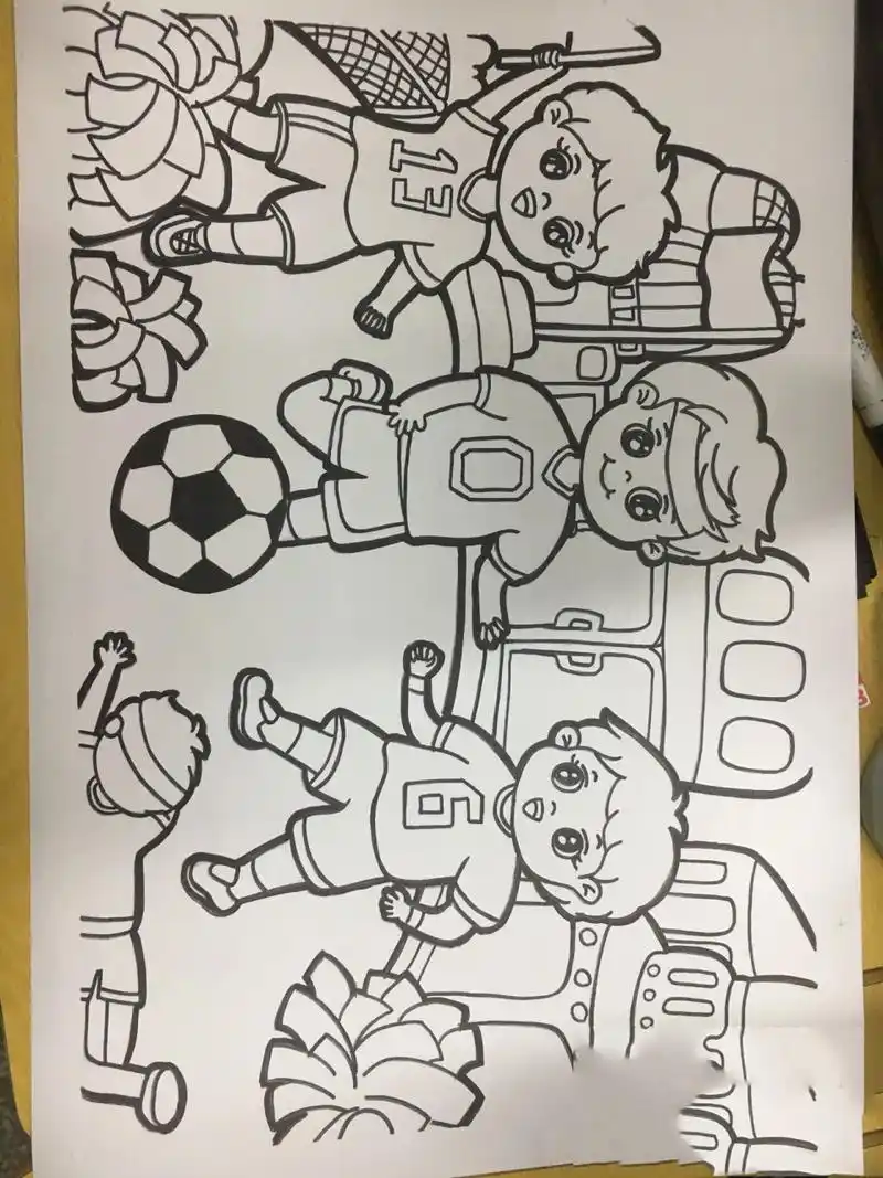 校园一角,体育运动7115主题画 儿童画:校园一角,体育活动线描画