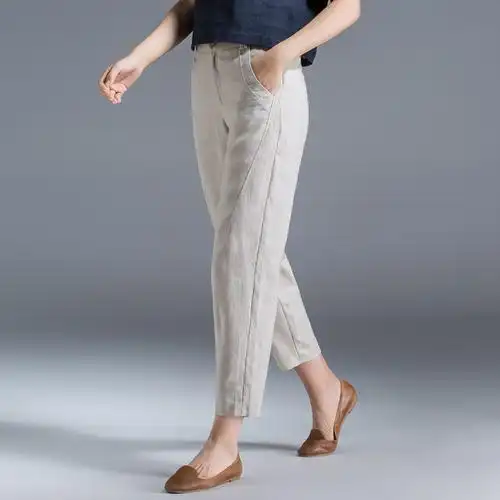 休闲棉麻裤女宽松九分裤新款哈伦裤亚麻裤子女萝卜裤