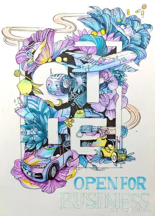 视觉传达考研临摹训练·海报设计马克笔手绘|物体与字体穿插感表现