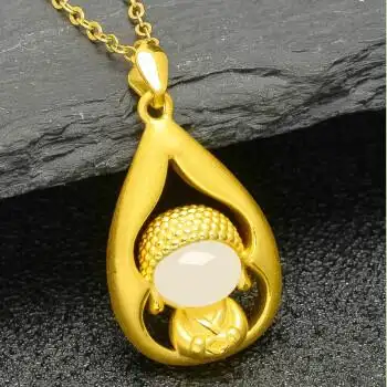 黄金佛吊坠女金镶玉小萌佛999足金硬金和田玉开心佛玉坠 黄金佛吊坠金