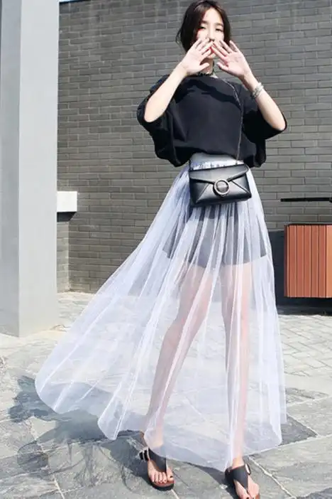 夏季新款超薄透视网纱半身裙女单层黑色打底纱裙高腰外搭透明长裙