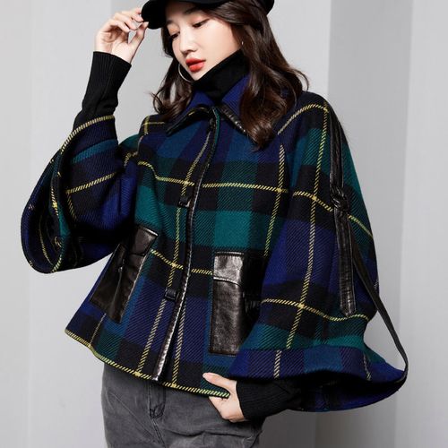 2022新款女毛呢短款酷潮流时尚春秋斗篷羊毛外套格子喇叭袖欧货