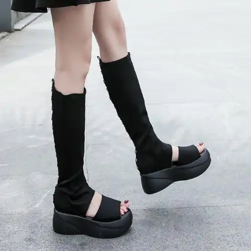 新款鱼嘴高筒靴松糕厚底弹力布靴个性铆钉长筒凉靴显高显瘦凉鞋女