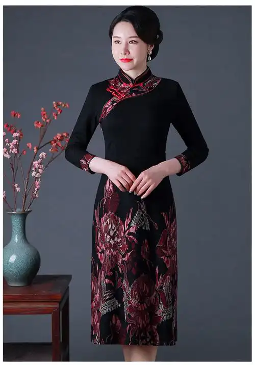 嘉姿傲高档轻奢品牌新款旗袍裙喜庆遮肚七分袖气质洋气修身礼服法式