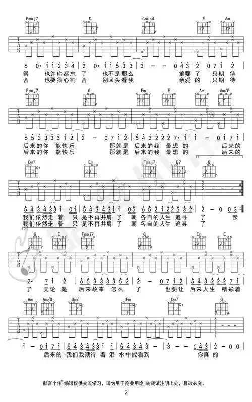 后来的我们吉他谱_五月天_c调简单版_弹唱六线谱