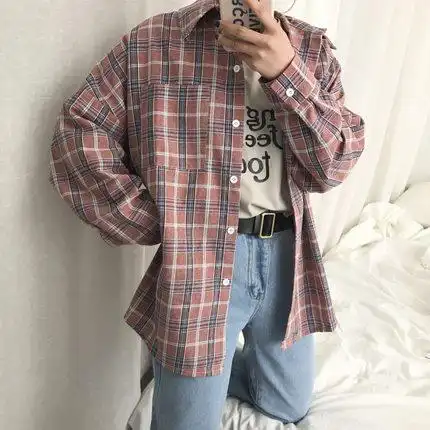 韩国ulzzang宽松蓝色格子开衫衬衣女潮百搭原宿bf风休闲长袖衬衫_不
