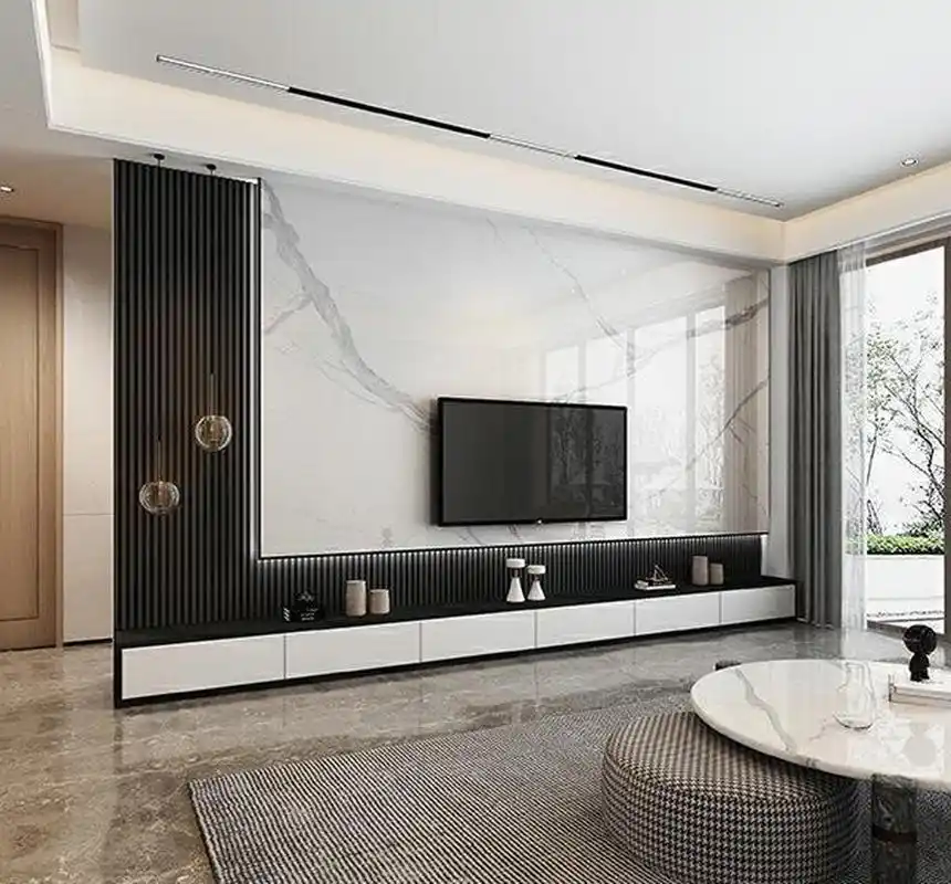 轻奢风格,悬空岩板,大板电视背景墙 电视背景墙作为客厅最显眼的区域,