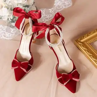 照顾你takecareofyou红色高跟鞋女结婚新娘鞋细跟尖头珍珠绑带蝴蝶结