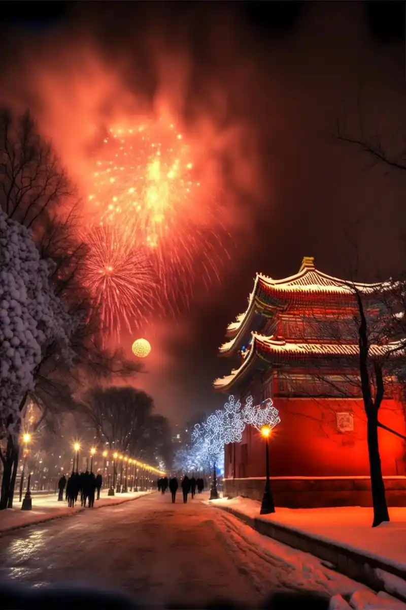 新年挂红灯笼放烟花#欢迎取图 #治愈系风景 #烟花动态壁纸# - 抖音