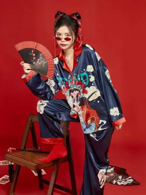 睡衣长袖冰丝睡裙中国风丝绸伴娘服结婚晨袍闺蜜聚会趴 | 伊范儿时尚